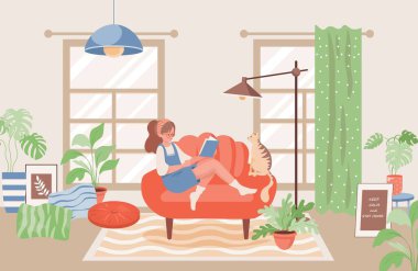 Kedi kitabı okuyan kız vektör düz çizim. Modern rahat oturma odası iç tasarım konsepti.