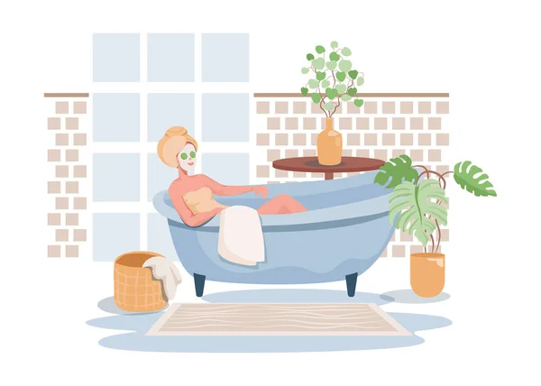 Mulher cuidando de si mesma ilustração vetorial plana. Hora do banho, procedimento de spa no salão, hotel ou em casa . — Vetor de Stock