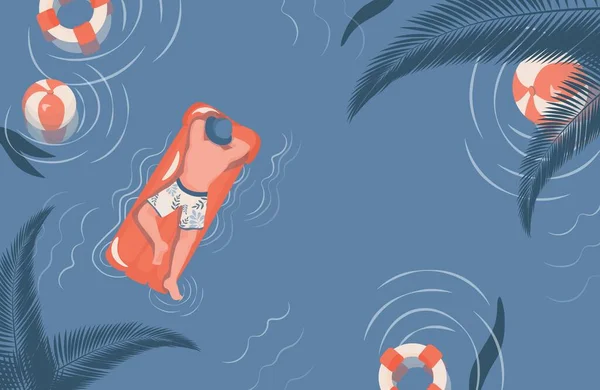 Muž v plavkách ležící na vzduchové matraci v moři nebo jezeře, chladící a opalovací vektor plochý horní pohled. — Stockový vektor