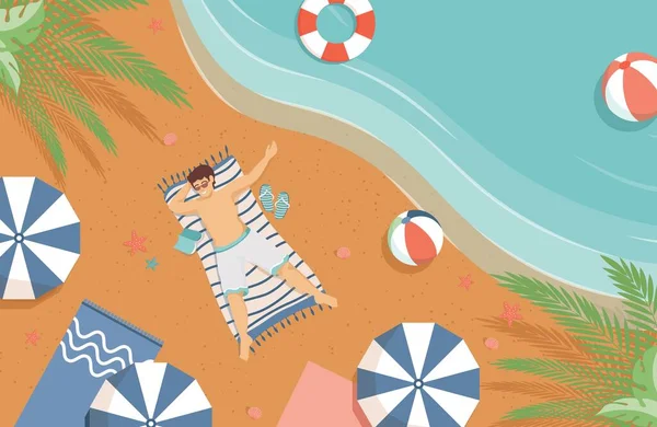 Muž ležící na písečné pláži vektoru ploché ilustrace. Letní dovolená, koncept tropického resortu. — Stockový vektor
