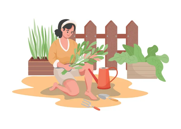 Frau pflanzt und gießt Garten Blumen oder Gemüse Vektor flache Illustration. Gartenkonzept für den Sommer. — Stockvektor