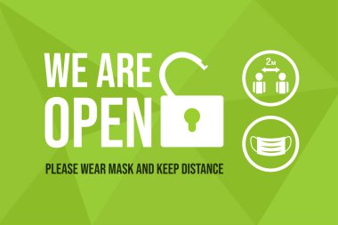 Açtık, lütfen koruyucu yüz maskesi takın ve güvenli sosyal mesafe vektörü düz pankart konseptini koruyun..