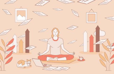Lotus 'ta oturan kadın son teslim tarihi olan çizgi film çizimi sırasında poz veriyor ve meditasyon yapıyor..