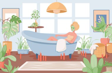 Yüz maskeli kadın küvet vektörü düz çizim yapıyor. Banyo iç tasarımı.