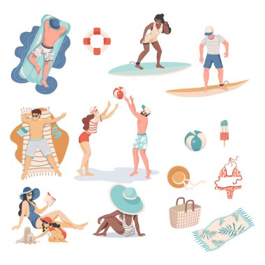 Yaz insanları ve öğeler vektör düz çizim. Mayolu insanlar yaz etkinlikleri yapıyorlar..