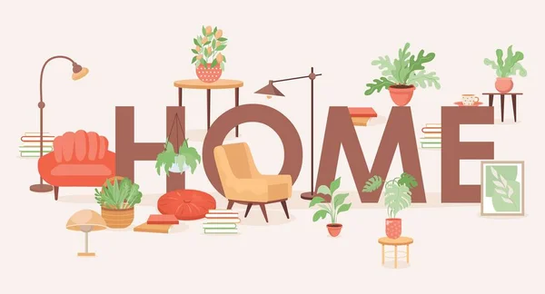 Home design banner palavra. Home móveis e utensílios domésticos vetor plana ilustração . — Vetor de Stock