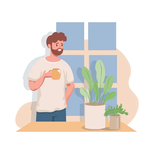 Homem desfrutando de uma xícara de chá ou café quente saudando um vetor de dia ilustração plana . — Vetor de Stock