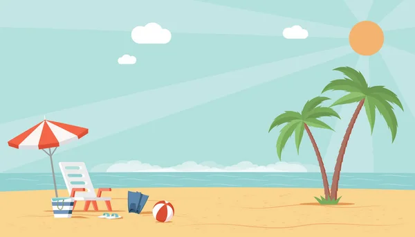 Summer beach landscape view with sea, umbrella, ball, and deckchair. Perfect vacation vector flat illustration.