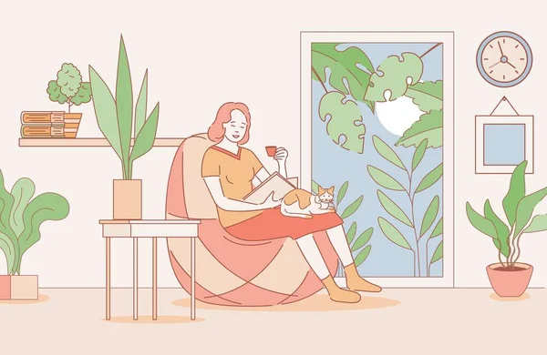 Mulher lendo um livro em apartamentos desenho animado desenho animado ilustração. Relaxante fim de semana, passar o tempo em casa . — Vetor de Stock