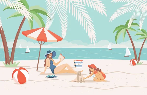 Moeder en dochter brengen zomervakantie door op zandstrand bij de zee vector platte illustratie. — Stockvector