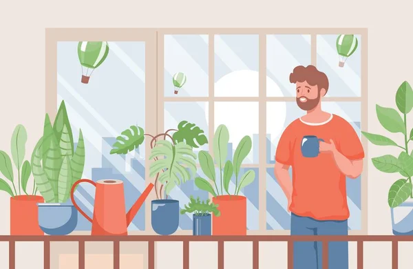 Homem com uma xícara de café ou chá em pé na varanda vetor ilustração plana. Exibição de verão e paisagem urbana . — Vetor de Stock