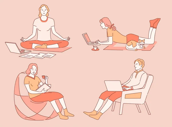 Lavoro e relax a casa vettoriale illustrazione contorno cartone animato. Persone che lavorano a distanza, meditano, leggono libri. — Vettoriale Stock