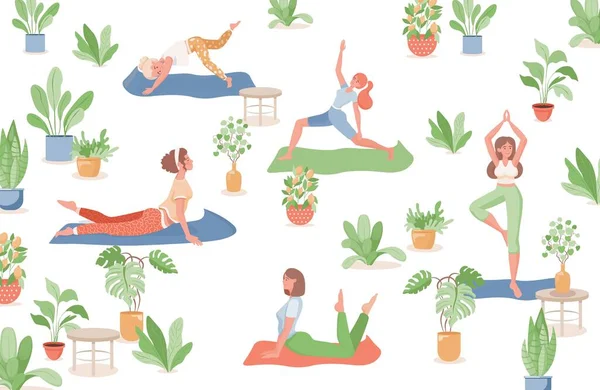 Mujeres haciendo yoga, fitness o estiramiento vector ilustración plana. Vida sana, deportiva, actividades de verano . — Vector de stock