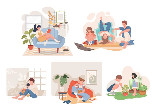 Blijf thuis en breng tijd door samen met familie vector platte illustratie. Ontspannen thuis in het zomerweekend. — Stockvector