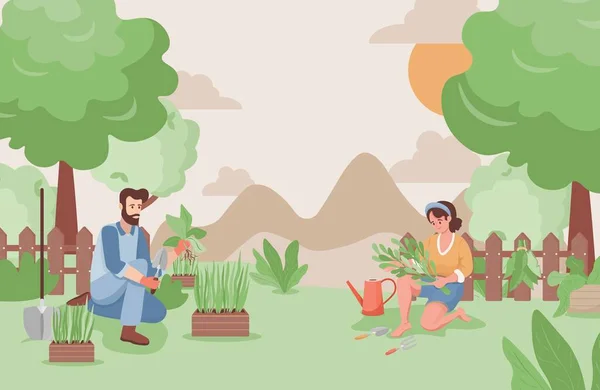 Homem e mulher felizes trabalhando no jardim em verão ilustração vetorial plana. Agricultores ou jardineiros plantando árvores . —  Vetores de Stock