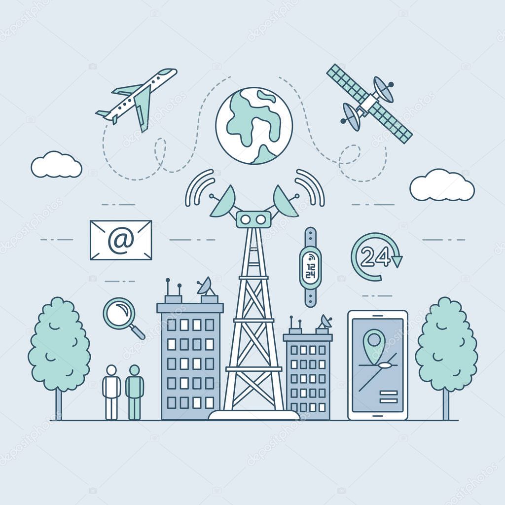 Transmission cellular tower or mobile communications tower on city landscape.