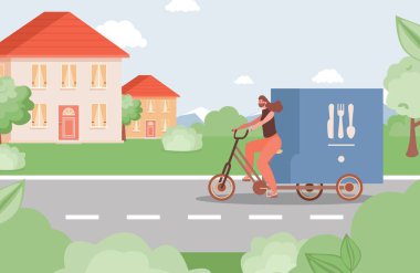 Coronavirus salgını vektör düz konsepti sırasında çevrimiçi dağıtım hizmeti. Yemek getiren bir kadın..