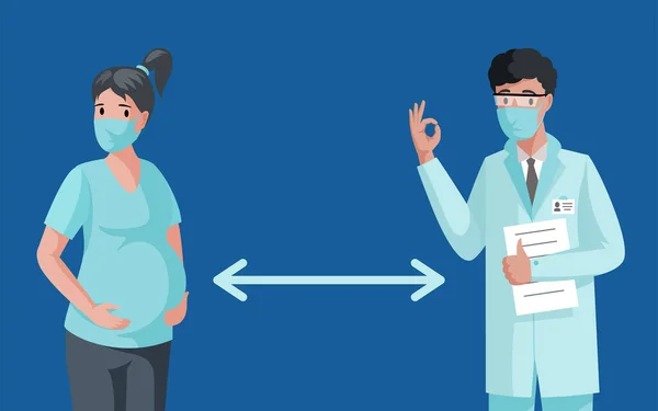 Kobieta w ciąży i lekarz w maskach twarzy utrzymanie odległości podczas epidemii koronawirusa wektor płaska ilustracja. — Wektor stockowy