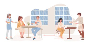 Coronavirus salgını sonrası kafe veya restoranda erkek ve kadınlar düz çizim.