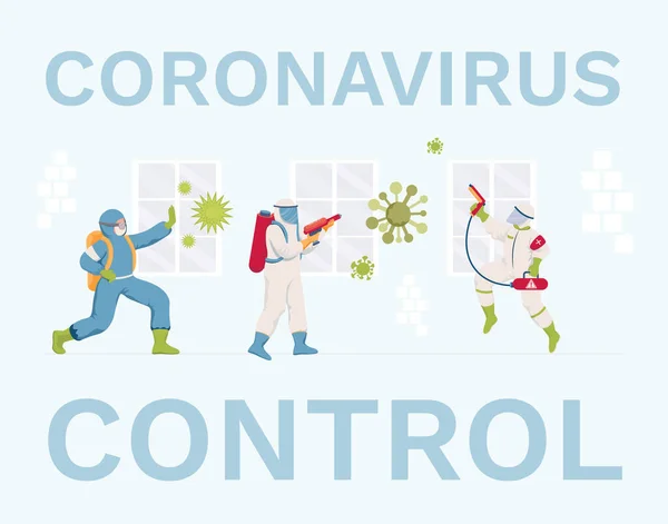 Design banner piatto vettore di controllo Coronavirus. Operatori medici in tute protettive e maschere disinfettanti superfici. — Vettoriale Stock