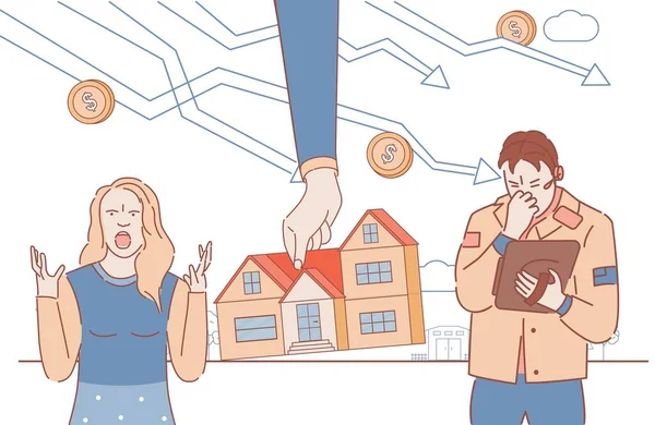 Bankrupt couple lost home for debt vector cartoon outline illustration. Sad  man and woman and hand taking house. - Stock Image - Everypixel