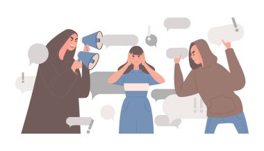 Stop spreading fake news and hoax vector flat illustration. Woman covers ears to stop people telling false news. clipart
