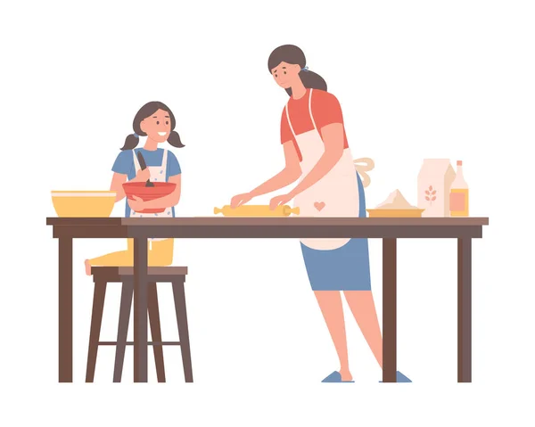 Familienzeitvektor flache Illustration. Mutter und Tochter kochen gemeinsam in der Küche. — Stockvektor