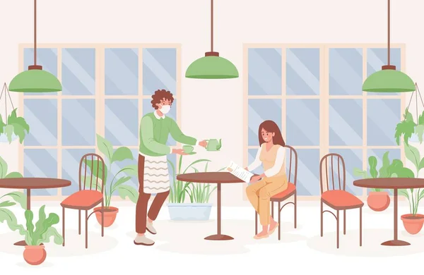 Vrouw in cafe vector platte illustratie.Preventieve maatregelen en nieuw normaal na Coronavirus uitbraak. — Stockvector