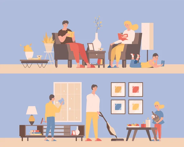 Pasar tiempo juntos en casa vector ilustración plana. Hombres y mujeres leyendo libros, limpiando apartamentos . — Vector de stock
