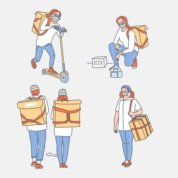 Online bezorgdienst vector cartoon overzicht illustratie. Mensen die goederen en levensmiddelen naar klanten vervoeren. — Stockvector