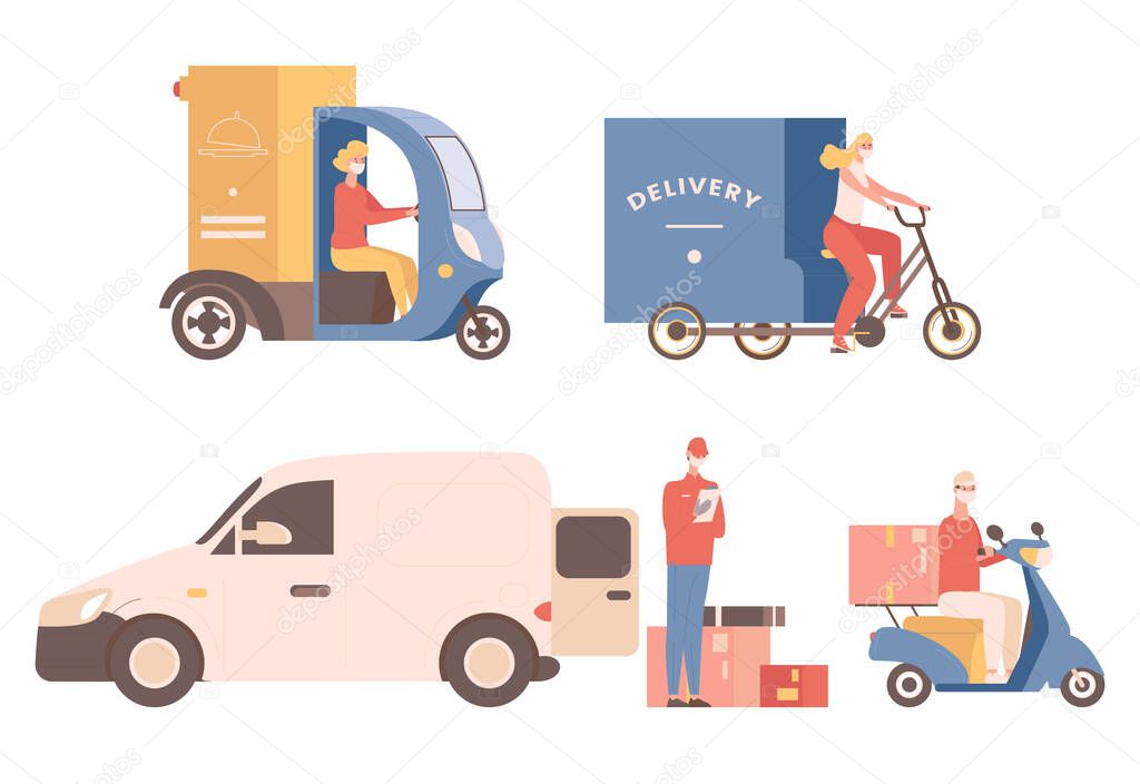Express non contact delivery vector flat illustration. People in medical face masks deliver goods or food, ride bike.