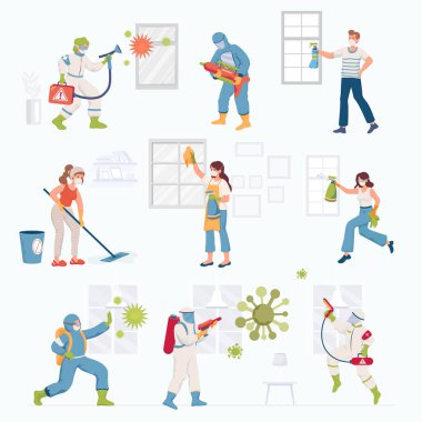 Korunaklı giysiler ve tıbbi maskeler giyen insanlar Coronavirus salgını sırasında yüzeyleri dezenfekte ediyorlar..