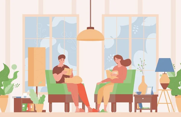 Pasangan bahagia dalam pakaian rumah tangga duduk di kursi yang nyaman dan membaca buku vektor ilustrasi datar. - Stok Vektor