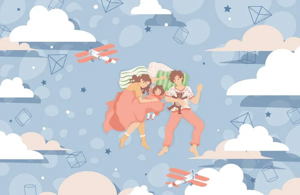 Familjen sover tillsammans på sängen och drömmer vektor platt illustration. Lycklig familj umgås. — Stock vektor