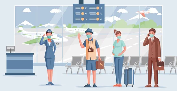 Pessoas em aeroporto vetor ilustração plana. Trabalhador do aeroporto em máscara facial e uniforme acolhedor passageiros . — Vetor de Stock