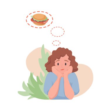 Hamburger vektörü düz çizgi film çizimi hayali kuran bir kadın. Fast food yemek isteyen aç kadın..
