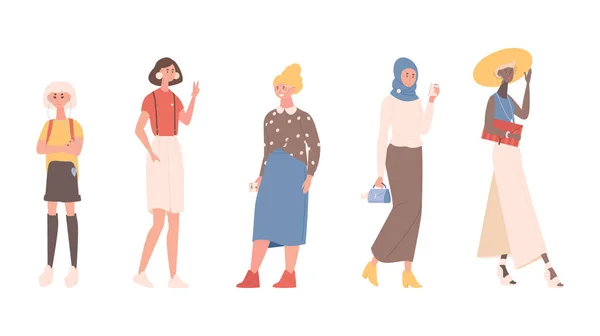 Grupo de mujeres jóvenes de diferentes edades, nacionalidades y culturas de pie junto ilustración plana vector. — Vector de stock