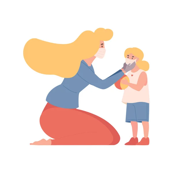 Молода мама наносить на свою маленьку доньку захисну маску, щоб запобігти поширенню коронавірусу Векторні плоскі ілюстрації . — стоковий вектор