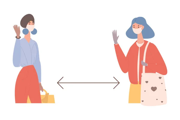 Las mujeres que usan máscaras y mantener la distancia social para prevenir la propagación del coronavirus vector ilustración plana. — Vector de stock
