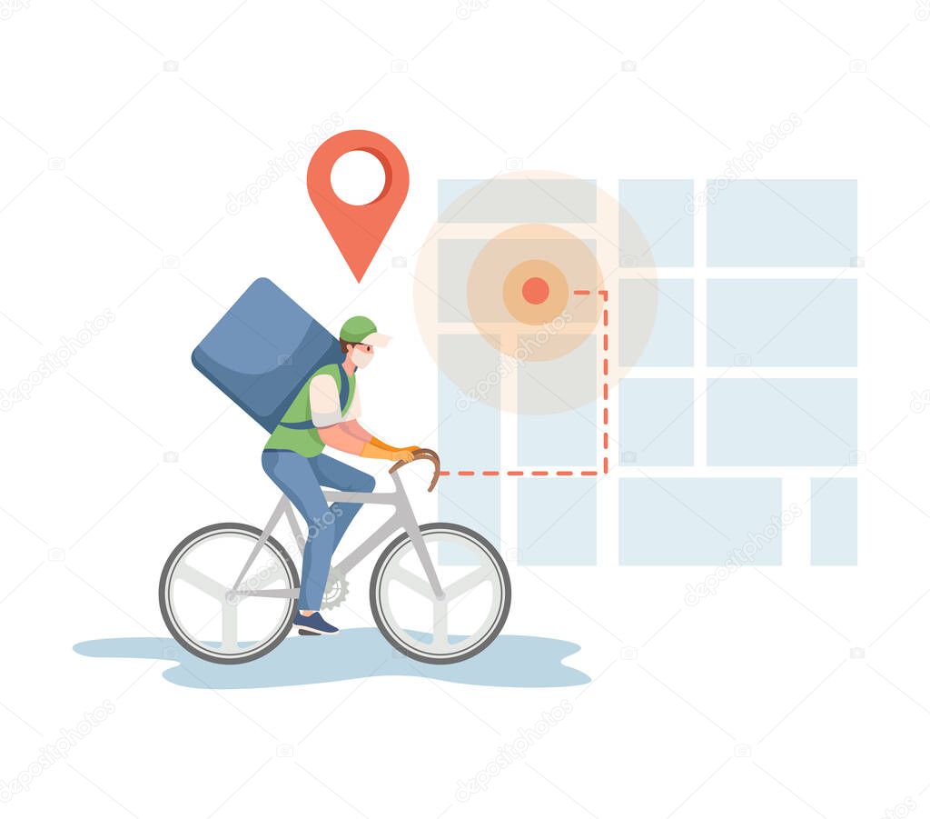 Delivery man delivers parcels to costumers using navigation system vector flat cartoon illustration.