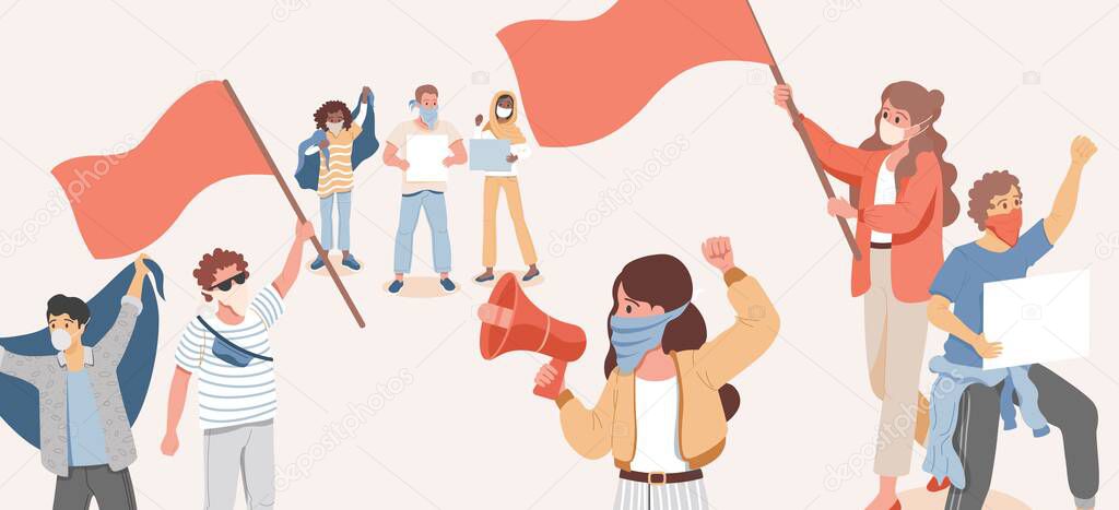 Group of people holding flags, loudspeakers, and placards and protesting vector flat cartoon illustration.