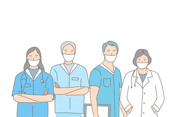 Grupo de trabajadores médicos con mascarillas protectoras de pie junto ilustración contorno de dibujos animados. — Vector de stock