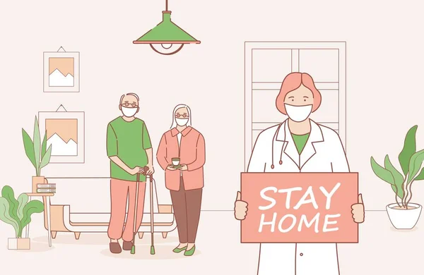 Quédese en casa para prevenir el concepto de esquema de dibujos animados vectoriales de brotes de Coronavirus. Doctor sosteniendo pancarta, pareja de ancianos de pie. — Archivo Imágenes Vectoriales