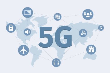 5G ağ kablosuz teknolojisi dünya vektör düz afiş konsepti üzerinde yayılıyor. Yüksek hız 5G teknolojisi.
