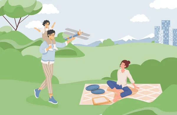 Família passar o tempo juntos no verão piquenique vetor ilustração plana. Mãe pai e filho brincando ao ar livre. — Vetor de Stock