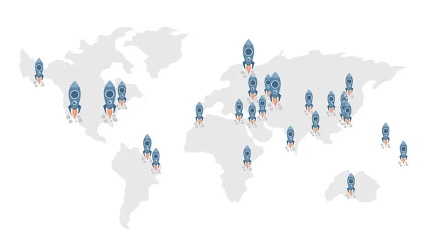Programa espacial alrededor de todo el mundo vector ilustración plana. Lanzamiento de cohetes espaciales desde diferentes países. — Vector de stock
