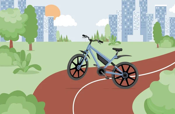 Blauwe fiets in stadspark vector platte illustratie. Sport fiets, modern persoonlijk vervoer in een stadspark. — Stockvector