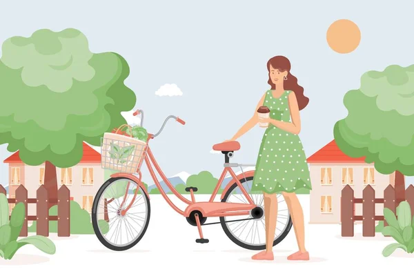 Giovane donna sorridente con una tazza di caffè in piedi vicino alla bicicletta in campagna villaggio vettore illustrazione piatta. — Vettoriale Stock
