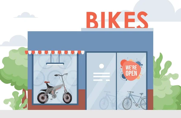 Bike shop διάνυσμα επίπεδη απεικόνιση. Οικολογικά φιλική προσωπική πόλη μεταφορών, αστικών μεταφορών έννοια gadget. — Διανυσματικό Αρχείο