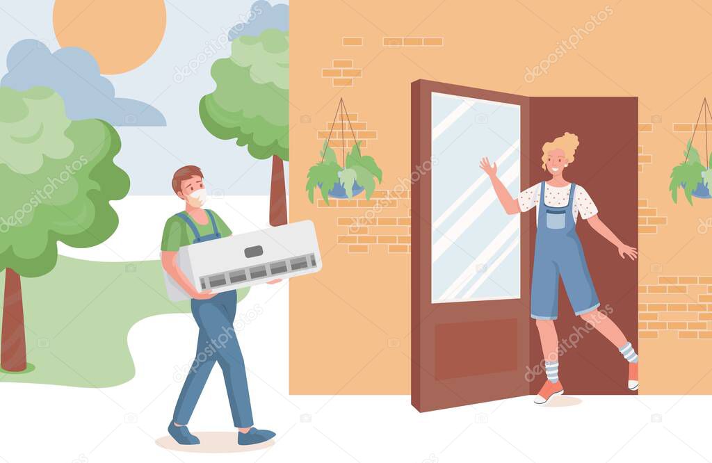 Young repair service professional bring air conditioner to country house vector flat illustration.